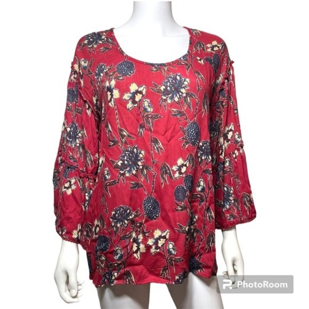 Angie Boho Red Burgundy Floral Top Bell Sleeve Crew Neck Size S